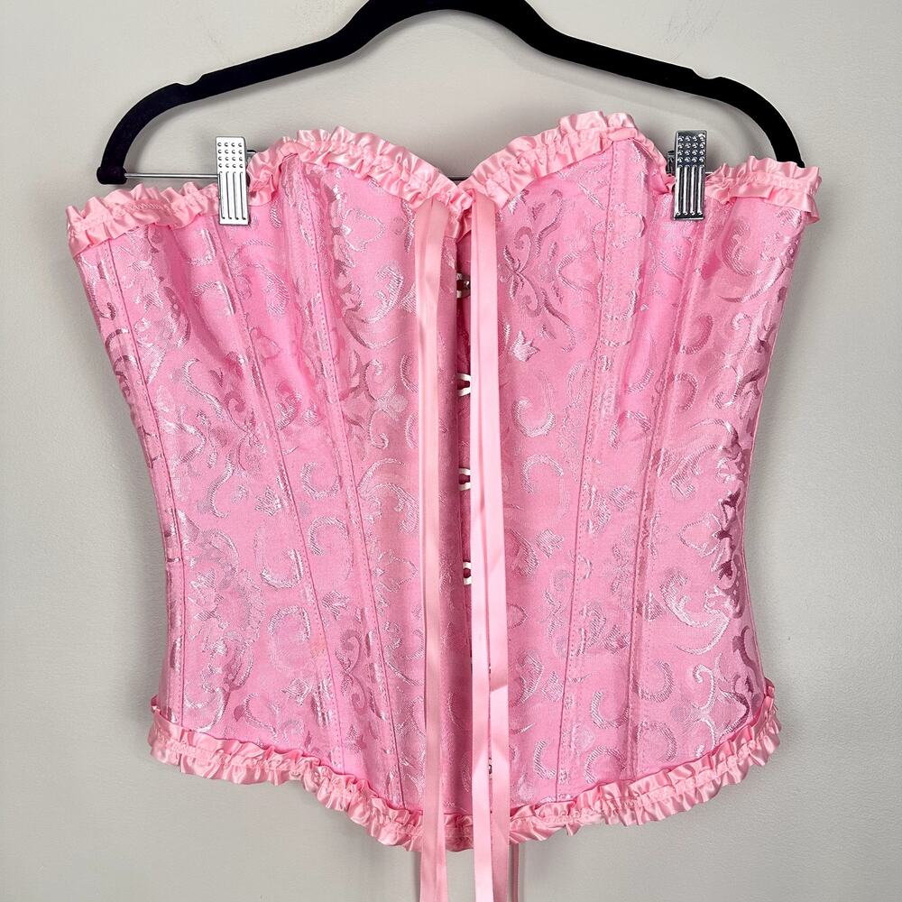 Pink Floral Jacquard Bustier Lace Up Corset Top Ruffle Hem Castle Fairy Small - Picture 10 of 14